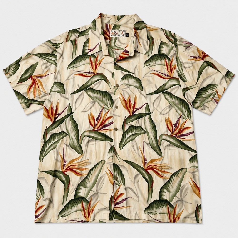Tori Richard Mens 2XL Hawaiian Camp Shirt Beige Bird of Paradise Floral Rayon